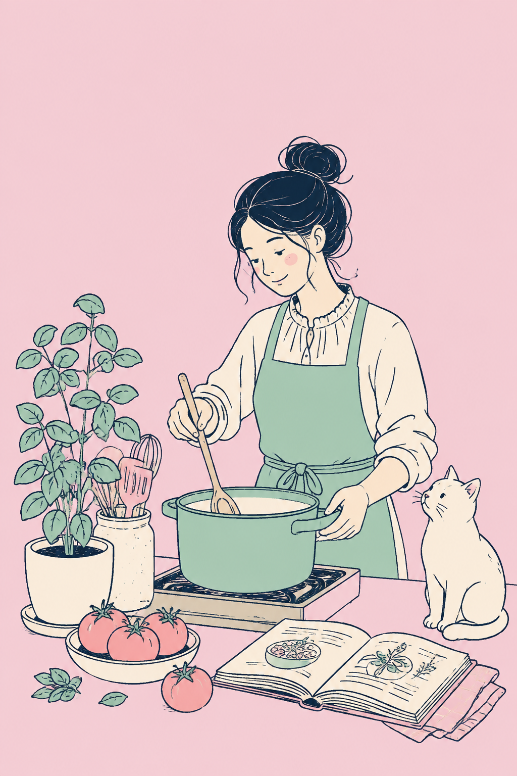 ハーブやレシピ帖に囲まれて料理を楽しむ人と猫のイラスト